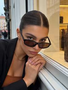 1pc Unisex Narrow Oval Cat Eye Small Frame Y2K Retro Street Style Minimalist Fashion Glasses, Suitable For Vacation - Black Frame Tea Leaves - View 5