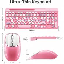 Retro Wireless Keyboard With Round Keycaps, 2.4GHz Full-Size USB Cute Wireless Keyboard Mouse For Computer, Desktop, Laptop And Computer (Pink-Colorful) - 粉紅色系 - 查看 5