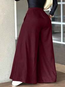 Fashionable Solid Color Casual Loose Wide-Leg Pants For Women, Elegant And Minimalist - 酒紅色 - 查看 5