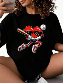 Camiseta de béisbol con corazón divertido para hombres, niños y niñas del Día de San Valentín 2026, nuevas camisetas impresas para mujeres, estilos populares, camisetas de primavera para mujeres, camisetas de invierno, camisetas de para mujeresás vendidas - Negro - Ver 8
