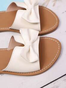 甜美蝴蝶结舒适露趾凉鞋，适合幼儿和大童，适合外出、度假、日常搭配连衣裙、宝宝玩水、海滩，简约平底凉鞋 - 米色 - 查看 3