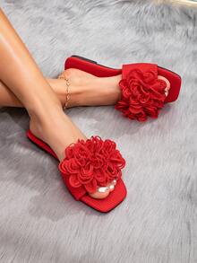 女士休闲时尚百搭户外3D花卉装饰性感露趾纯色平底凉鞋，适合海滩、度假、防滑、舒适、居家穿着 - 紅色 - 查看 5