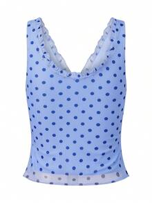 Women's Summer Crop Tank Tops Dot Print Sleeveless V-Neck Frill Slim Fit Vest For Party - Màu xanh lam - Xem 2