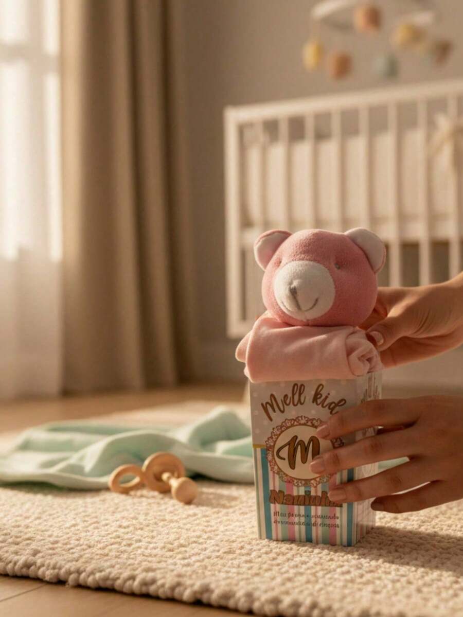 Baby Blanket With Lion Plush Toy And Green Microsoft Lining. - PINK aND WHITE BEAR - View 1