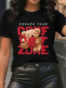 T-shirt à manches courtes pour femmes, col rond décontracté, imprimé d'un ours en peluche, slogan "Échappez à votre zone de confort", mode streetwear d'été - Noir - Voir 6