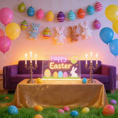 USB Powered LED Easter Light Board - Decorative "Happy Easter" Sign With 7-Color Pen, Stand & Cloths For Festive Table Decor, Spring Home Decor & Adult Gathering Centerpiece 12 Accessories/Sets Professional Artistic Purposes(1 LED Light Board + 7 Colored Pencils + 2 Wiping Cloths + 2 Brackets)