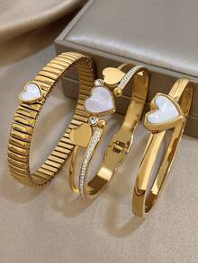 18K Gold Plated Stainless Steel Heart-Shaped Bracelet Set, Elegant Jewelry For Women, Suitable For Valentine's Day, Party, Formal Occasion, Daily Wear, Date, New Year, Wedding, Beach, Christmas, Anniversary, Also A Graceful Gift For Mom, Bohemian Style Jewelry, Bridesmaid Gift - Multicolor - View 2