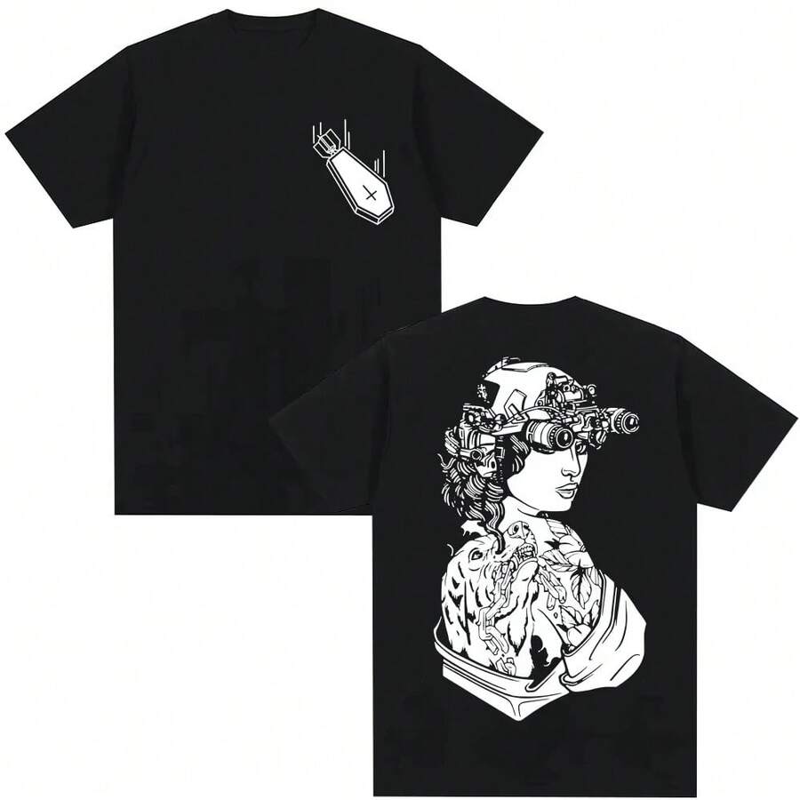 2025 Nueva Camiseta Casual de Verano de Manga Corta Impresa de Algodón Ajuste Regular Cuello Redondo Transpirable Suelta Unisex Ropa para Hombres y Mujeres - Negro - Ver 1