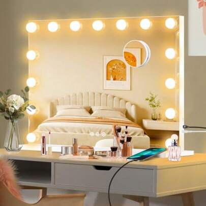 CYPNMoonee - Espejo de tocador con luces espejo de maquillaje iluminado de  con 15 bombillas regulables y aumento de 10x 3 modos de colores marco de metal de aluminio espejo iluminado paraFashion