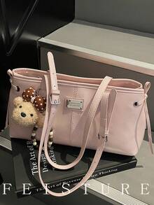 1pc Solid Color PU Fabric Pink Underarm Bag, Large Capacity Women's Commuter Bag, With Pendant, Suitable For Girls, Ladies, College Students, Career Starters, And Office Workers, Great For Work, Business, Commuting, And School - Pink - View 3