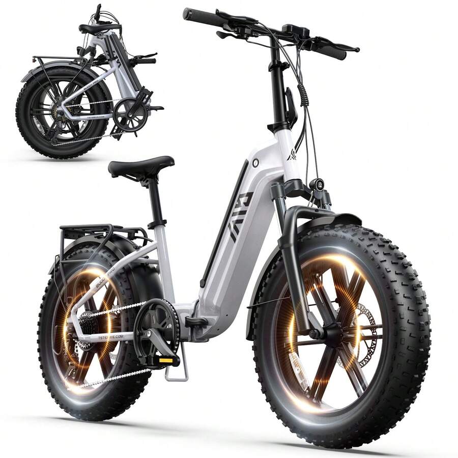 TST Folding Electric Bike For Adults, 749W Peak Motor Ebike With 48V 15Ah Removable Battery, Max Range 25-30 Miles 25 MPH Electric Bicycle, 20" Tire All Terrain E Bike - Màu Xám nhạt - Xem 1