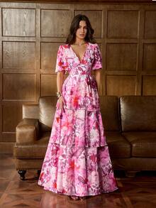 Faeriesty 优雅深V领印花晚礼服，层叠荷叶边下摆，收腰设计，复古袖口，适合婚礼宾客、浪漫写真、盛大庆典、新娘写真、周年纪念晚宴等场合，粉色系春季派对。 - 粉色 - 查看 5