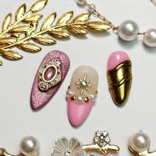 10pcs Handmade Press On False Nails Medium Almond Pink Nude 3D Gold Metallic Pearl Rhinestone Star Nail Charms Romantic Princess Royalcore Style Wedding Date Tea Party Daily Wear Unas Postizas - Hồng - Xem 4