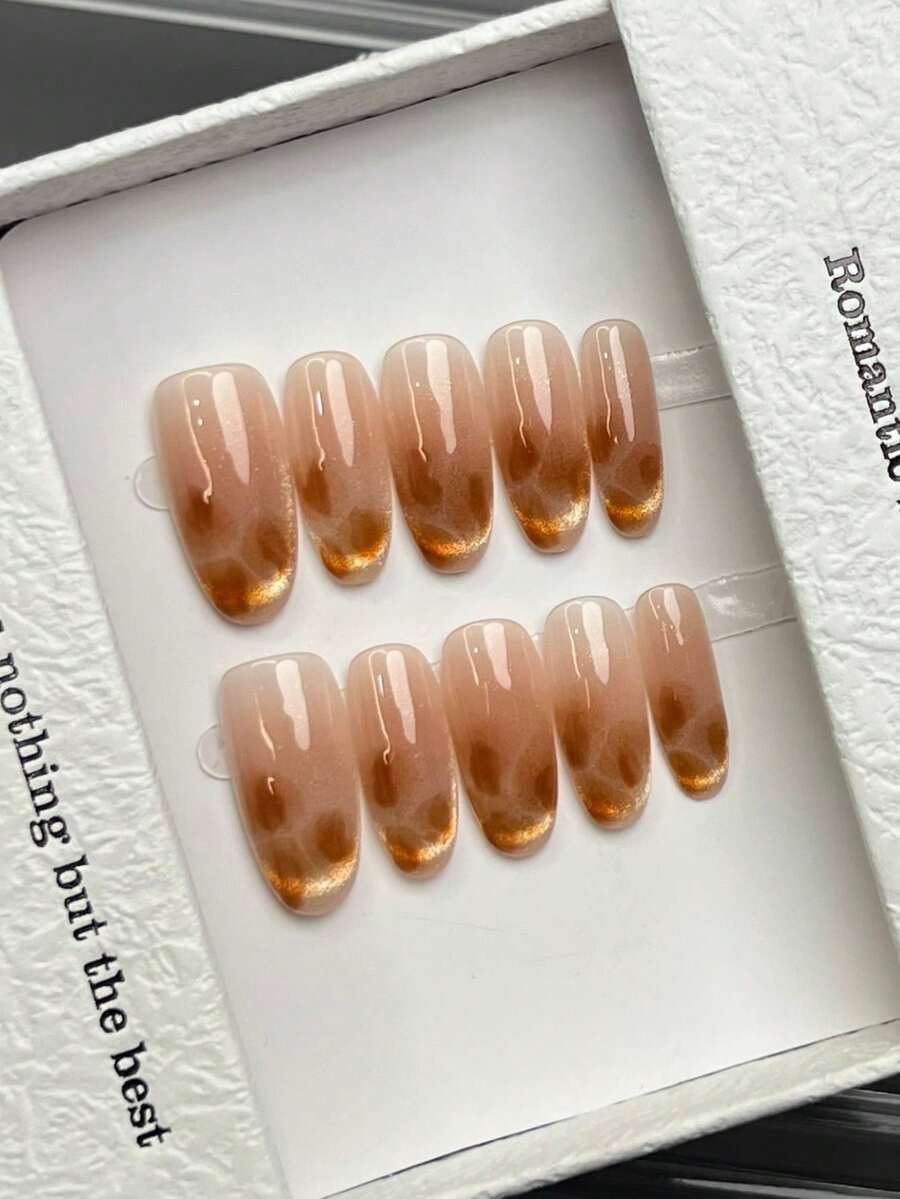 10pcs Handmade Nails Oval Nails Acrylic Press On Nails Medium, Minimalism Pink Nails Brown Gradient, Flashy Cateye, Simple Elegant Luxury Handcrafted Nails Autumn Nails, Fall Press On Nails, Cute Aesthetic, Versatile Nails DIY False Nail Art Party Daily & Dating Use Beach Tropical Getaway Suitable Reusable, For Women & Girls As Gift Nail Supplies - Pink - View 1