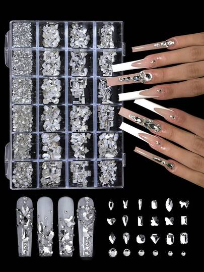24格美甲水钻套装，含点钻笔，包含菱形、蝴蝶结、五边形、马眼形和心形美甲装饰，多种形状，适合DIY、3D立体装饰，美甲用品，日常装饰和旅行携带皆宜。