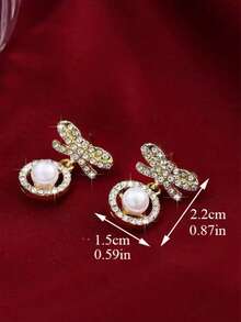1 Pair Vintage French Luxury Bow & Faux Pearl Stud Earrings, Suitable For Teenage Girls, Everyday & Holiday Wear - Bow - View 4