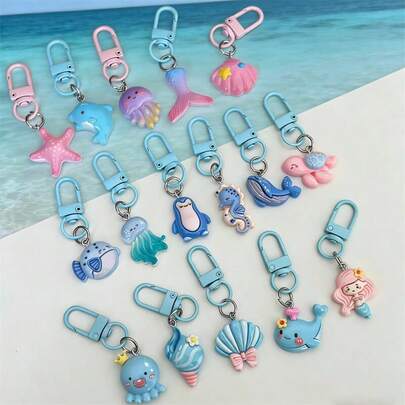 16件套可爱海洋动物树脂钥匙扣，包括海星、美人鱼等，可作学生背包挂件，情侣/闺蜜礼物，家居装饰