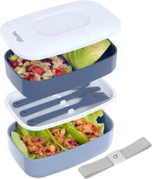 Stackable 3 Compartment Lunch Box With Utensils Strap Perfect For Meal Prep On The Go - 石板 - 查看 1