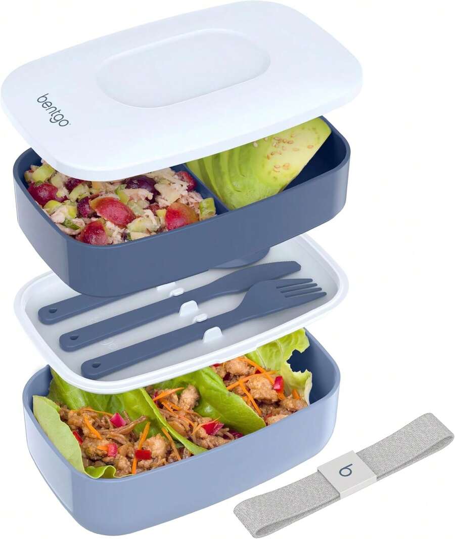Stackable 3 Compartment Lunch Box With Utensils Strap Perfect For Meal Prep On The Go - 石板 - 查看 1
