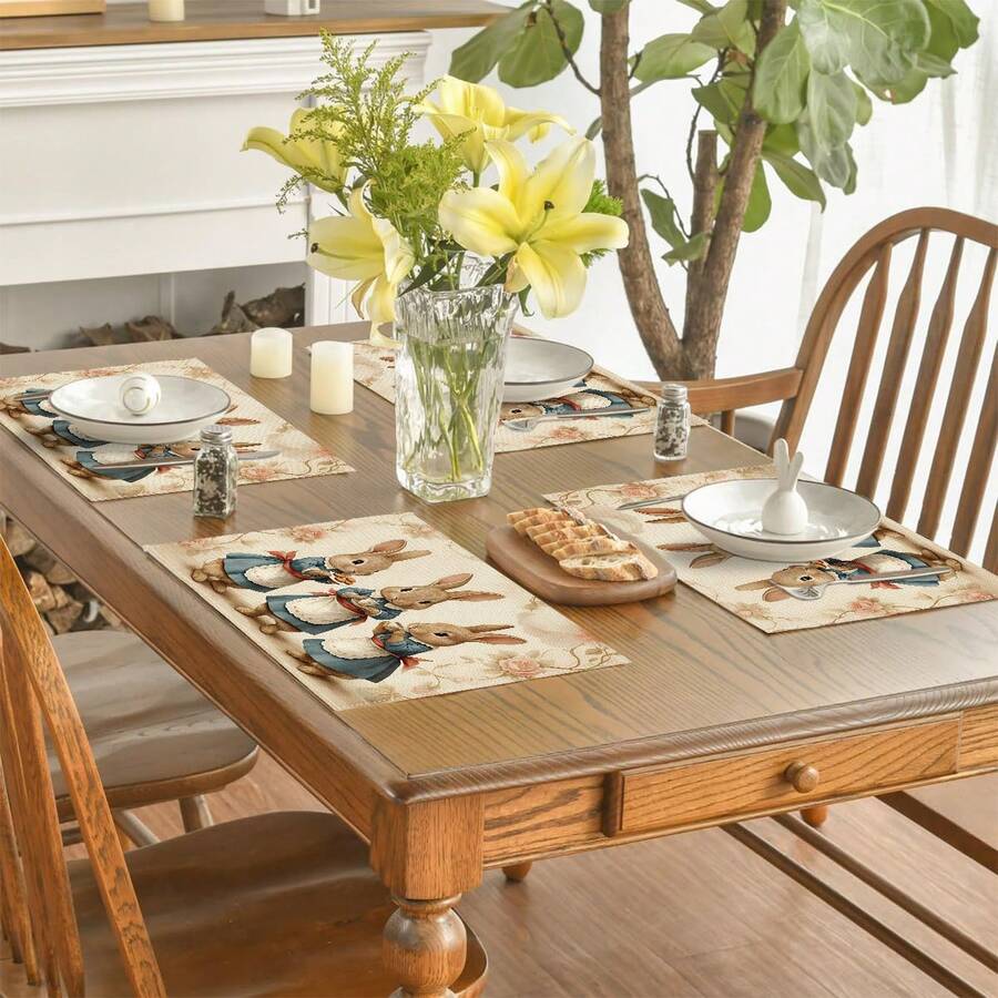 2/4/6/8pcs Rectangular Vintage Easter Happy Placemats, Vintage Easter Dining Table Decor With 3pcs Brown Rabbit Apron Floral Pattern, Seasonal Holiday Placemats For Kitchen Dining Room