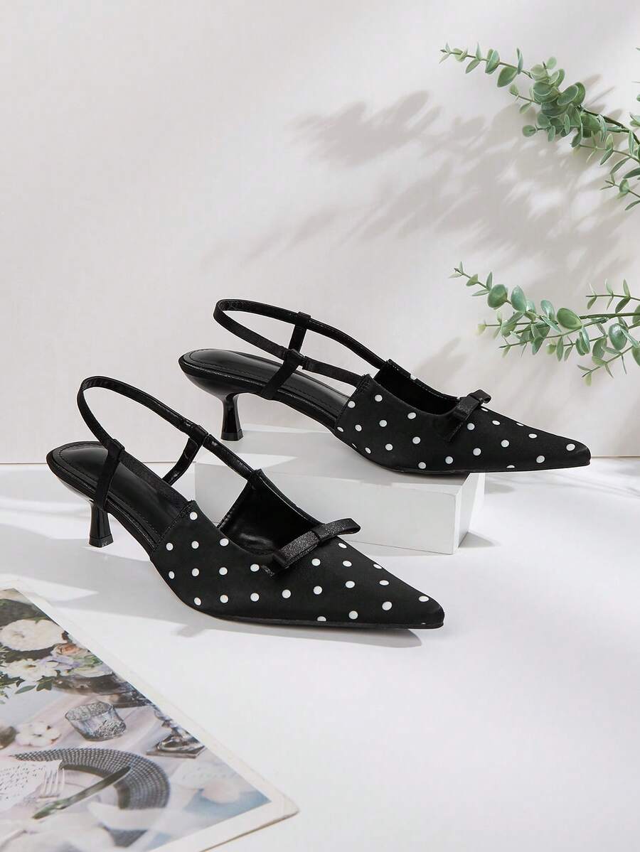 优雅尖头波点蝴蝶结踝带细高跟鞋，适合办公室通勤穿着。 - 黑色 - 查看 1