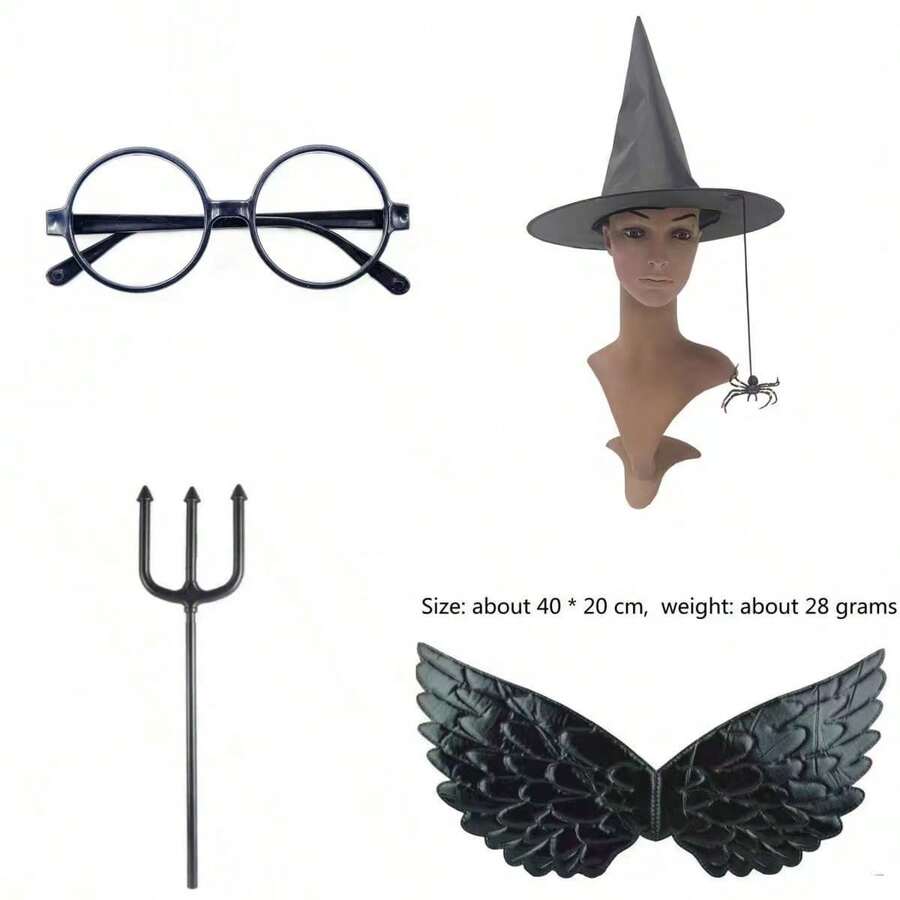 新款黑色女巫帽，带翅膀和眼镜，三角形头饰，儿童和成人尺寸，黑色牛津布巫师/女巫帽