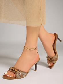 Women's Mid Heel Peep Toe Buckle Strap Sandals, High Heels - Brown - View 3