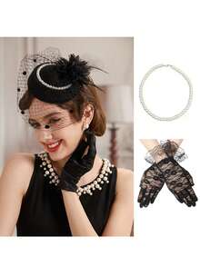 女士头饰面纱和复古迷人网纱帽，搭配蕾丝手套和人造珍珠项链，适合 20 世纪 20 年代或 50 年代的复古茶会、舞会、婚礼、教堂、德比帽套装 - 彩色 - 查看 13