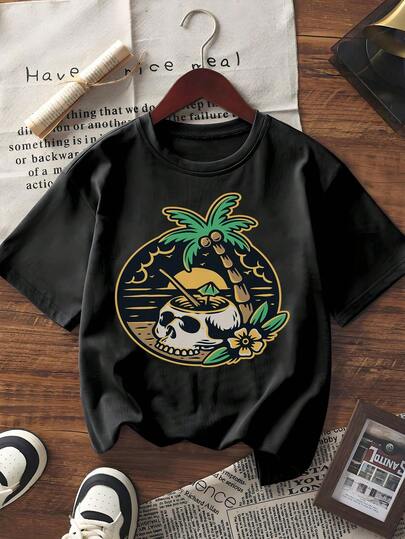 Men's Summer Short Sleeve T - Shirt Black Loose Fit Casual Tee With Skull Palm Tree Floral Beach Graphic Print, Streetwear Vintage Style Top For Daily Wear Vacation Beach Outfits