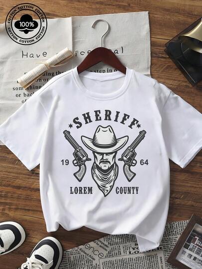 2026 Summer Women's Short Sleeve T - Shirt Western Style Sheriff & Double Guns Graphic Print Crew Neck Loose Fit Cotton Blend Top Casual Daily Wear Streetwear Vacation Outfits