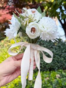 1件伴娘花束象牙色人造雛菊花束，適合伴娘婚禮小型花卉中心裝飾，適用情人節派對與週年紀念 - 彩色 - 查看 11
