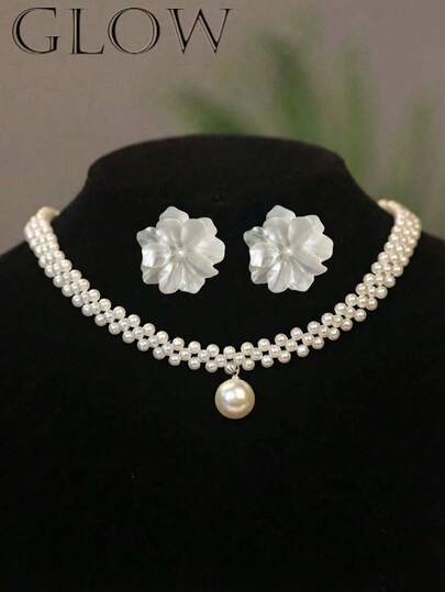 1 set elegant vintage fransk stil blommig pärlhalsband, örhängesmyckeset, lämplig för tonårsflickor vardags- och festkläder