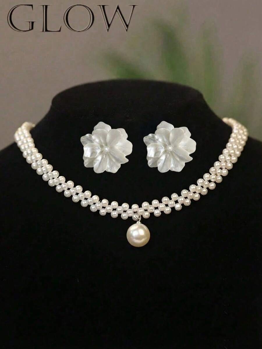 一套优雅复古法式风格花卉串珠项链耳环首饰套装，适合少女日常及节日佩戴。 - 花朵 - 查看 1