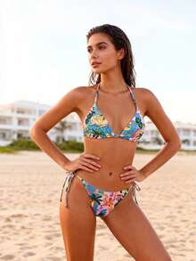 Floral Print Sexy Casual Tie-Back Backless Bikini Set, Suitable For Vacation & Beach, Summer - Mint Blue - View 2