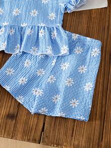 2件套女婴夏季雏菊印花蝴蝶结装饰前开襟泡泡袖上衣+配套可爱短裤套装 - 藍色 - 查看 9