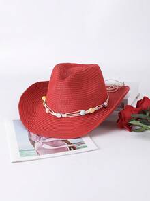 1pc Solid Color Bohemian Casual Straw Gem Cowboy Hat, Beach Vacation Sun Protection Straw Hat, Unisex Versatile For Commuting, All Seasons - C - View 26