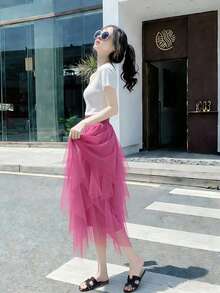 Women's Solid Color Mesh Patchwork Fashionable Versatile Date Party Skirt - Hot Pink - View 3