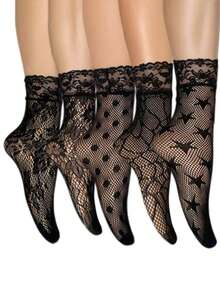1. Women's Lace Ankle Socks, New Hollow-Out Design\N2. Women's Mid-Calf Socks - Black - View 1