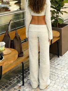 Striped Long Pants For Women Fold Over Low Rise Straight Leg Sweatpants Y2k Stretchy Loose Wide Leg Pants Lounge Leggings - Rice White - View 2