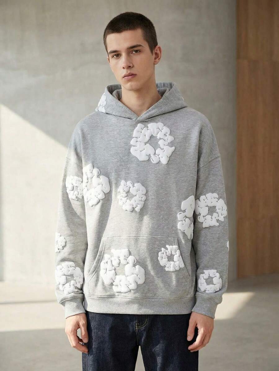 1Pcs-Fashion Brand Foam Printed Loose Hoodie Y2K Hip-Hop Street Wear Men's And Women's Pullover Casual Blouse--280g Pure Heavy 100%Polyester - 淺灰色 - 查看 1