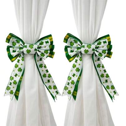 2 PCS Irish St. Patrick's Day Bow Curtain Buckles Set Green Clover Shamrock Print Curtain Tiebacks Curtain Holdback Fastener