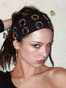 Punk Girl Hollowed Out Eyelets Wide Elastic Headband Stretchy Metal Rock Steampunk For Sports Casual Headbands Hair Accessories, Turban Headband, Hairband Fall Winter Hair Band For Vacation Outfits Woman Elegant Scarf Women Bandana Soft Headwrap - 黑色 - 查看 4