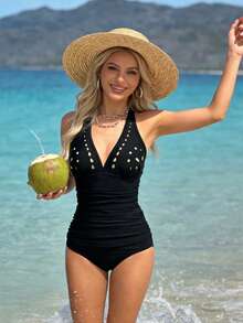 Women's Tankini Swimsuits Ruched Tummy Control Two Piece Bathing Suit V Neck Swim Suits - Black - View 2