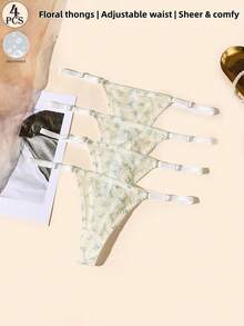4 PCS Women's Low-Rise Thongs - Adjustable Waist Straps, Ditsy Floral Mesh Fabric, Sheer Romantic Lingerie Set - Multicolor - View 11