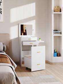 Living And Home White Dressing Table Set With HD Mirror Cushioned Stool With Wheels Multiple Extra Storage Drawers Compartments Nordic Modern Style Home Use For Bedroom Dressing Room - White - View 1