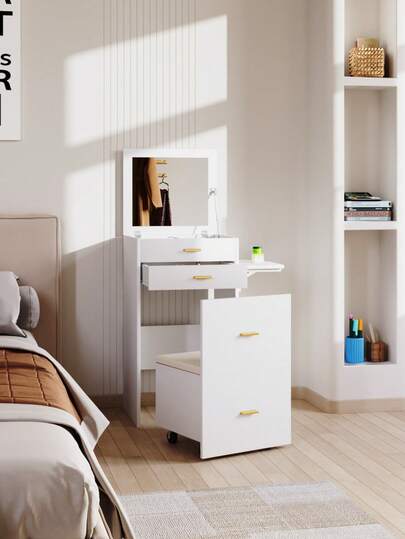 Living And Home White Dressing Table Set With HD Mirror Cushioned Stool With Wheels Multiple Extra Storage Drawers Compartments Nordic Modern Style Home Use For Bedroom Dressing Room
