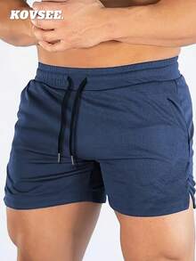 KOVSEE 男士轻便运动短裤 - 夏季健身训练涤纶速干跑步短裤，字母印花，透气修身款 - 藏蓝色 - 查看 1