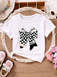 Bộ đồ 2 món kẻ caro cho bé gái, áo thun ngắn tay in nơ và quần ống đứng, bộ đồ trẻ em cổ tròn tay ngắn eo chun kẻ caro ống rộng. - trắng - Xem 3