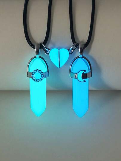 ATLVXJL Set de 2 collares con colgante de piedra de colores con forma de corazón, sol y luna luminosos, en forma de lápiz de cera, para pareja/amistad/amor, joyería casual adecuada para uso diario y regalo del Día de San Valentín