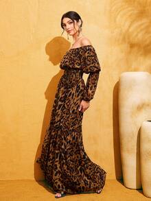 LOVE&LEMONADE Fashionable Women's Leopard Print Open Shoulder Long Sleeve Cinched Waist Detail Long Dress Wedding Party Spring - Brown - View 6
